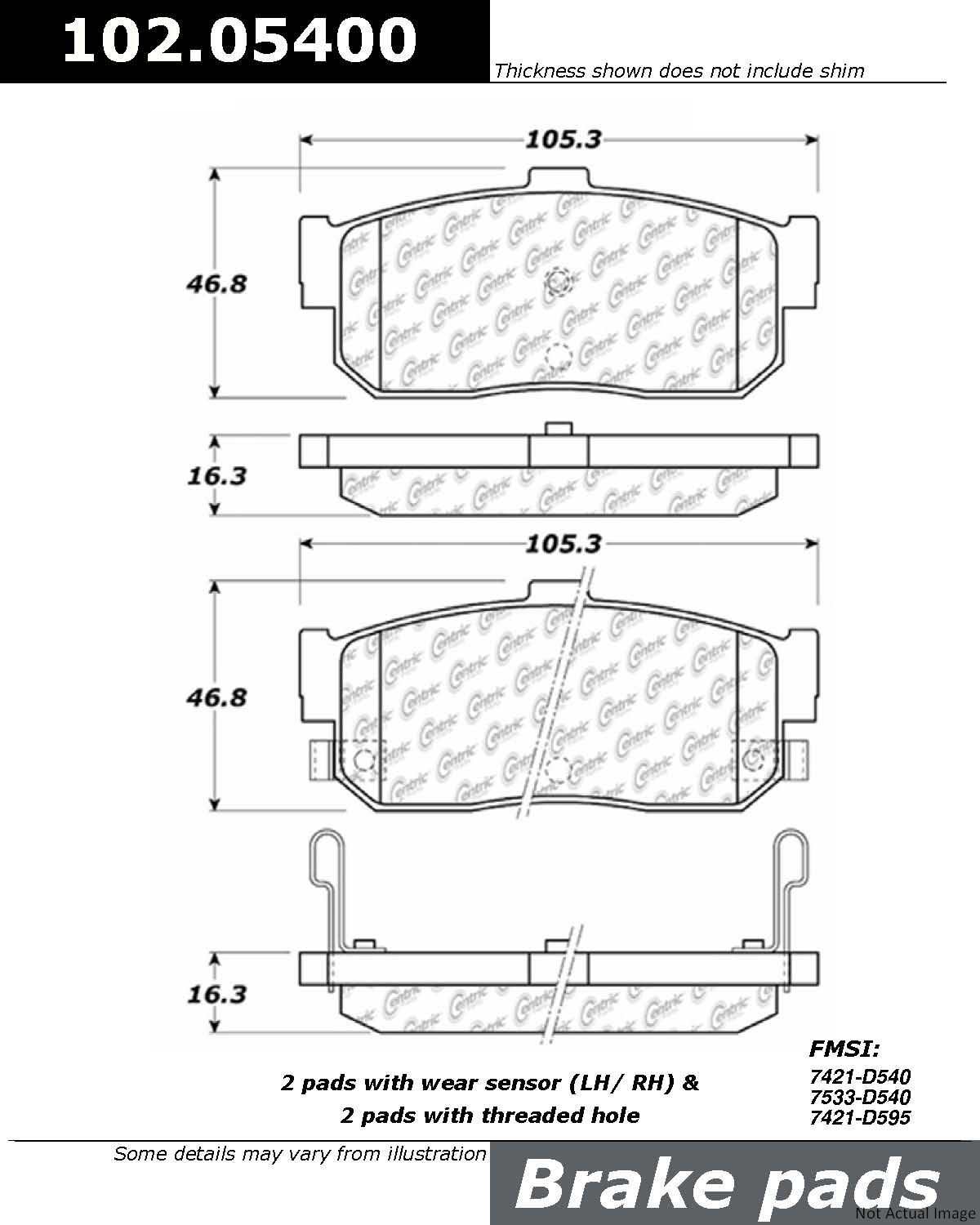 Front View of Rear Disc Brake Pad Set CENTRIC 102.05400