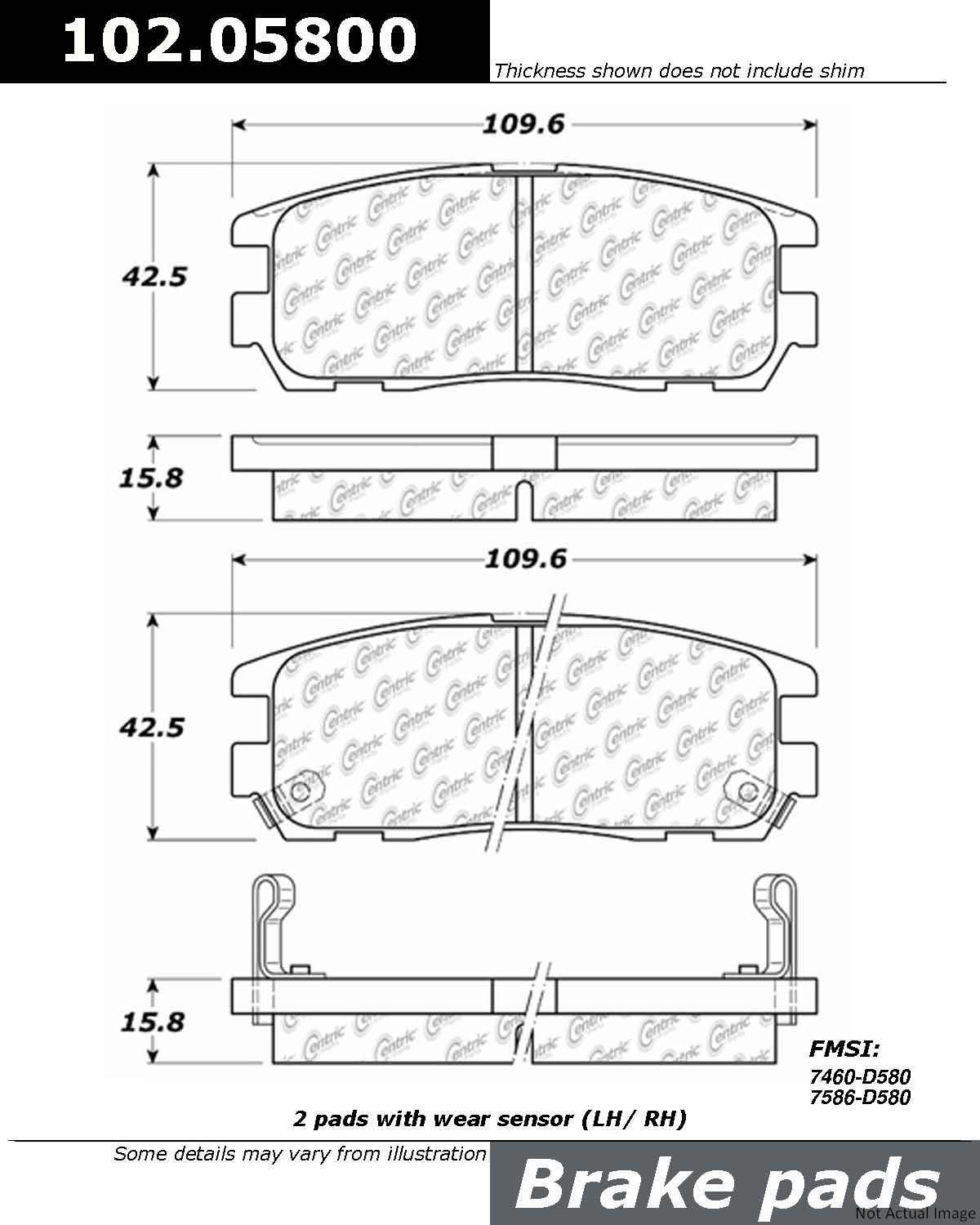 Front View of Rear Disc Brake Pad Set CENTRIC 102.05800