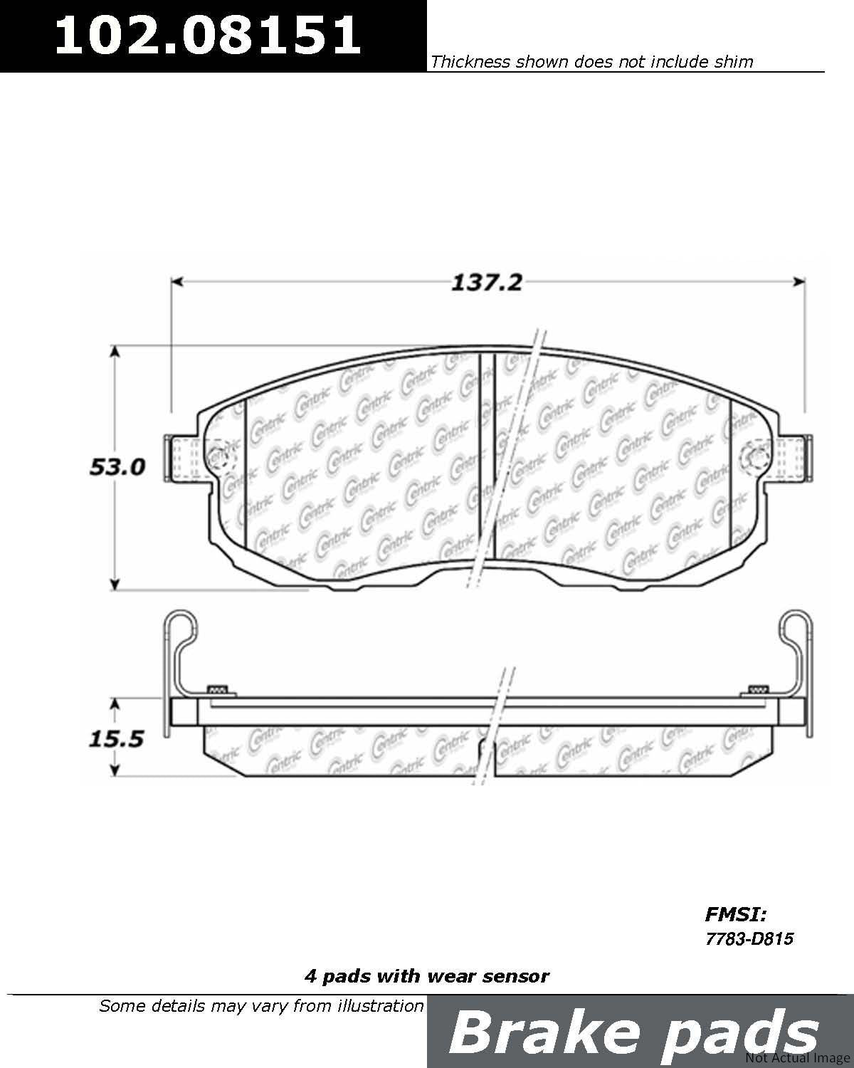 Front View of Front Disc Brake Pad Set CENTRIC 102.08151