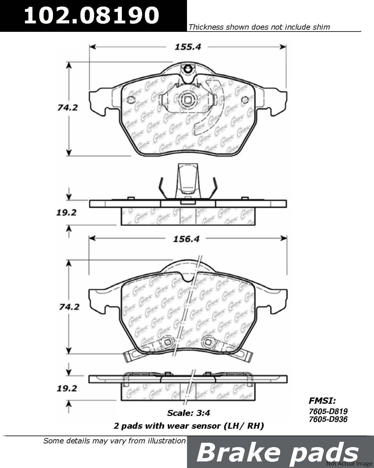 Front View of Front Disc Brake Pad Set CENTRIC 102.08190