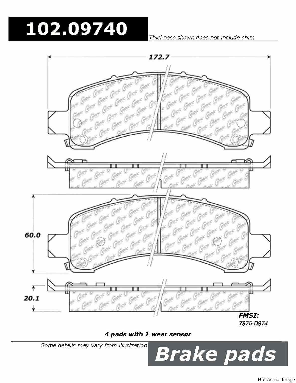 Front View of Rear Disc Brake Pad Set CENTRIC 102.09740