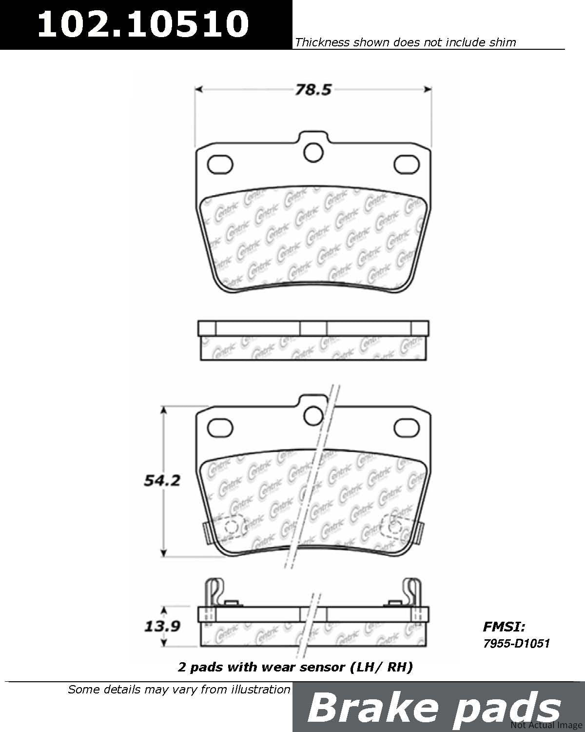 Front View of Rear Disc Brake Pad Set CENTRIC 102.10510