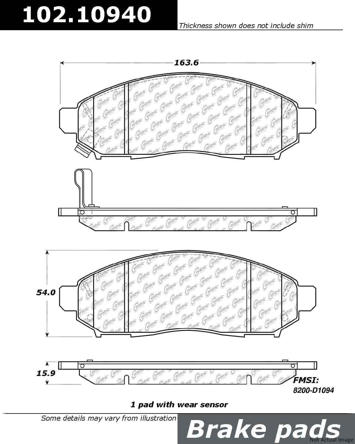 Front View of Front Disc Brake Pad Set CENTRIC 102.10940