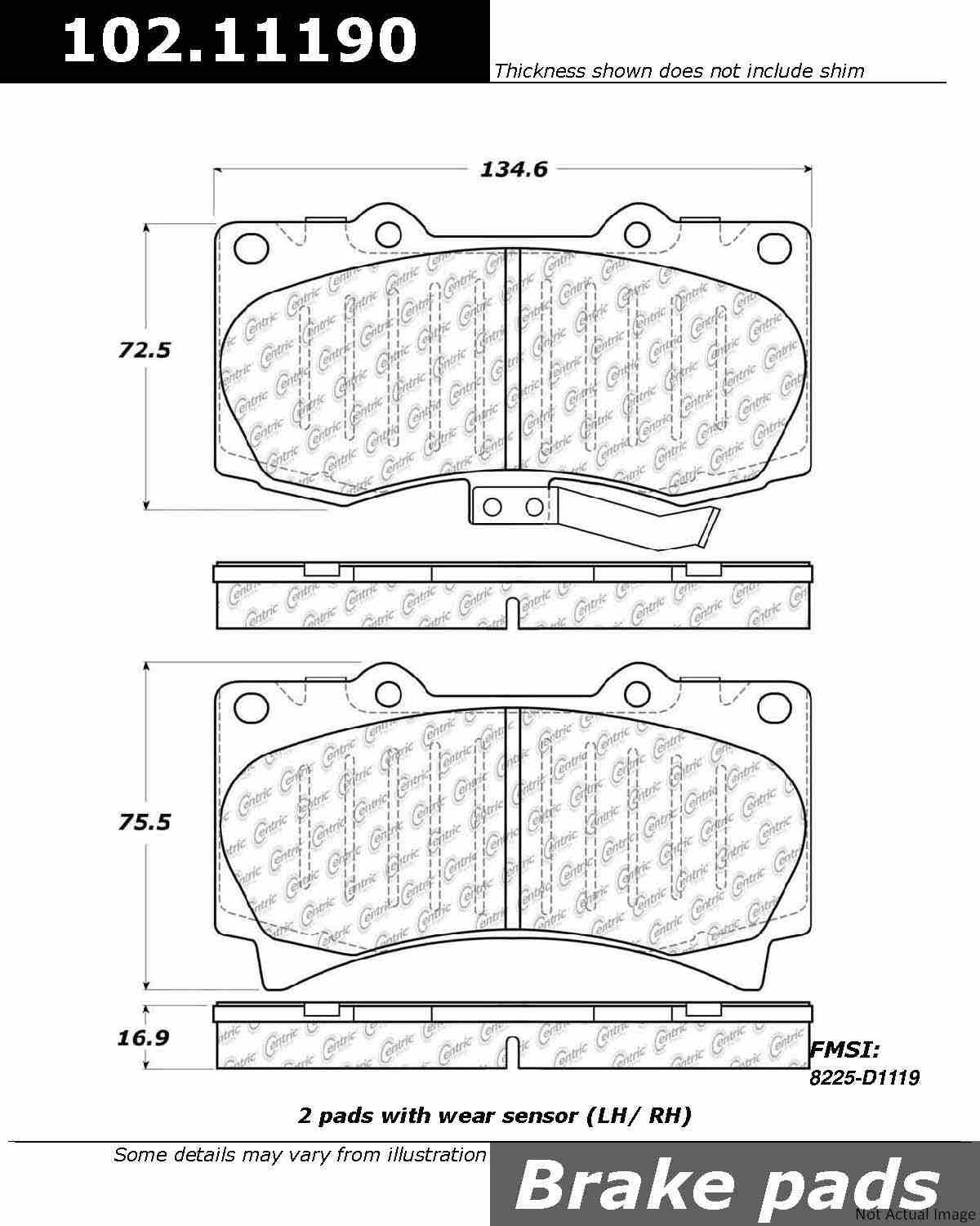 Front View of Front Disc Brake Pad Set CENTRIC 102.11190