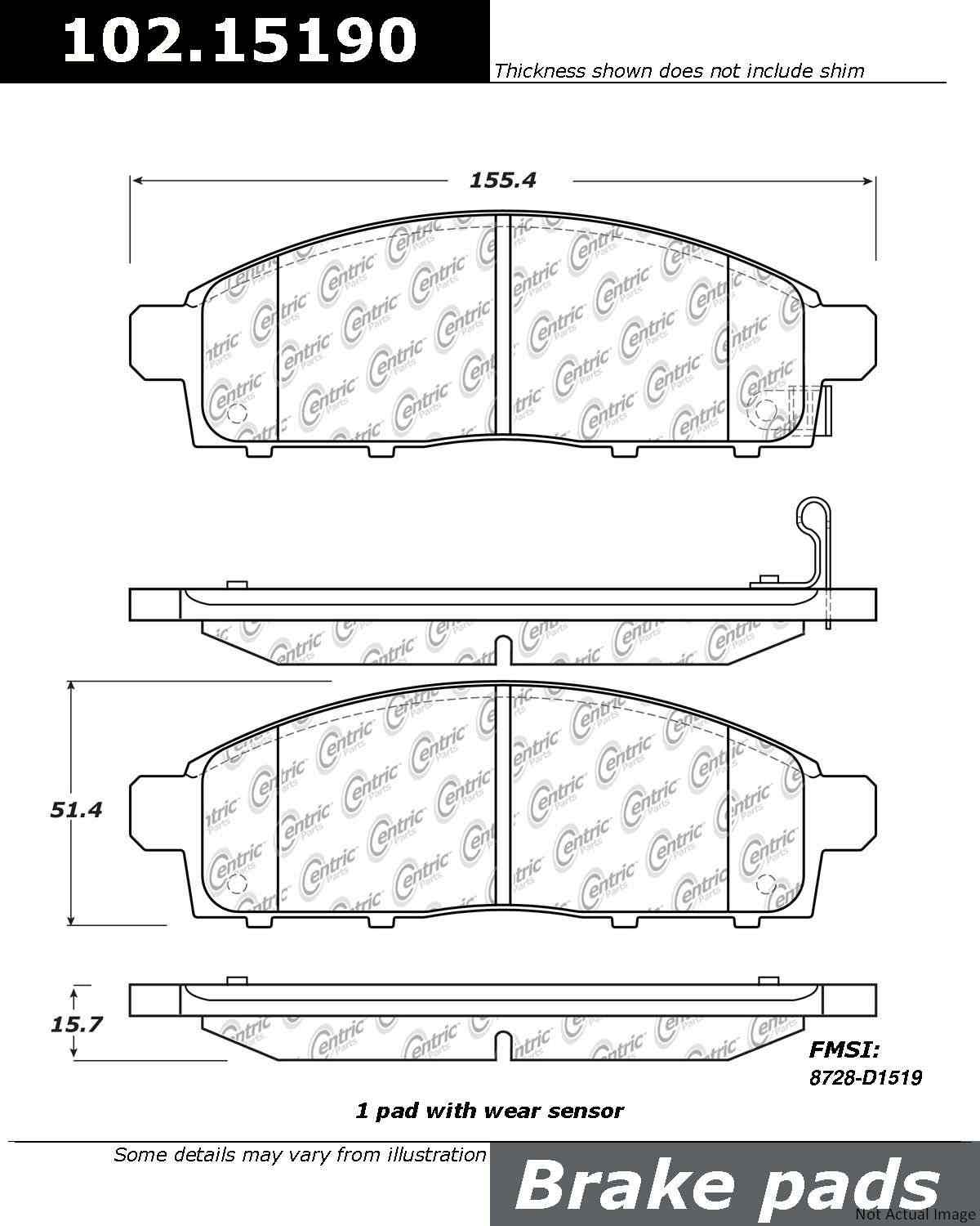 Front View of Front Disc Brake Pad Set CENTRIC 102.15190