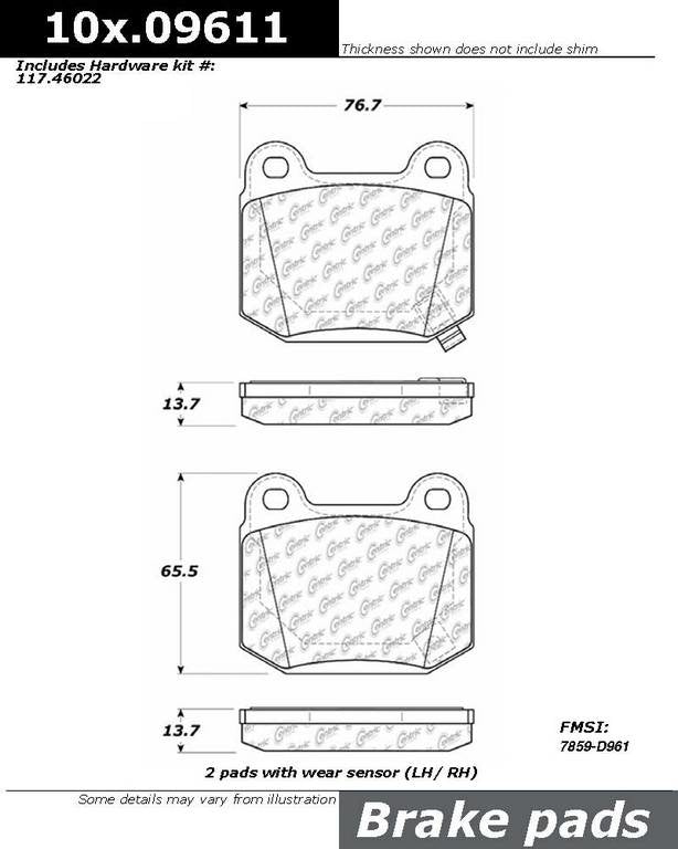 Front View of Rear Disc Brake Pad Set CENTRIC 104.09611