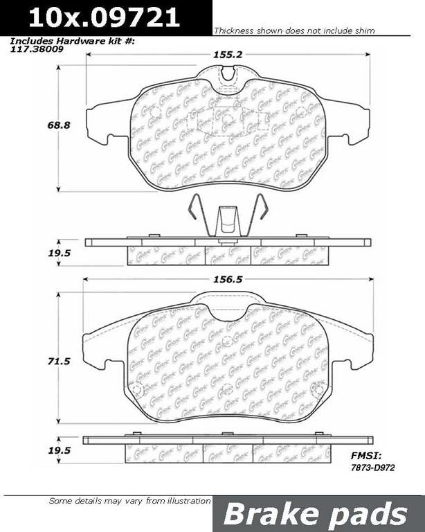 Front View of Front Disc Brake Pad Set CENTRIC 104.09721