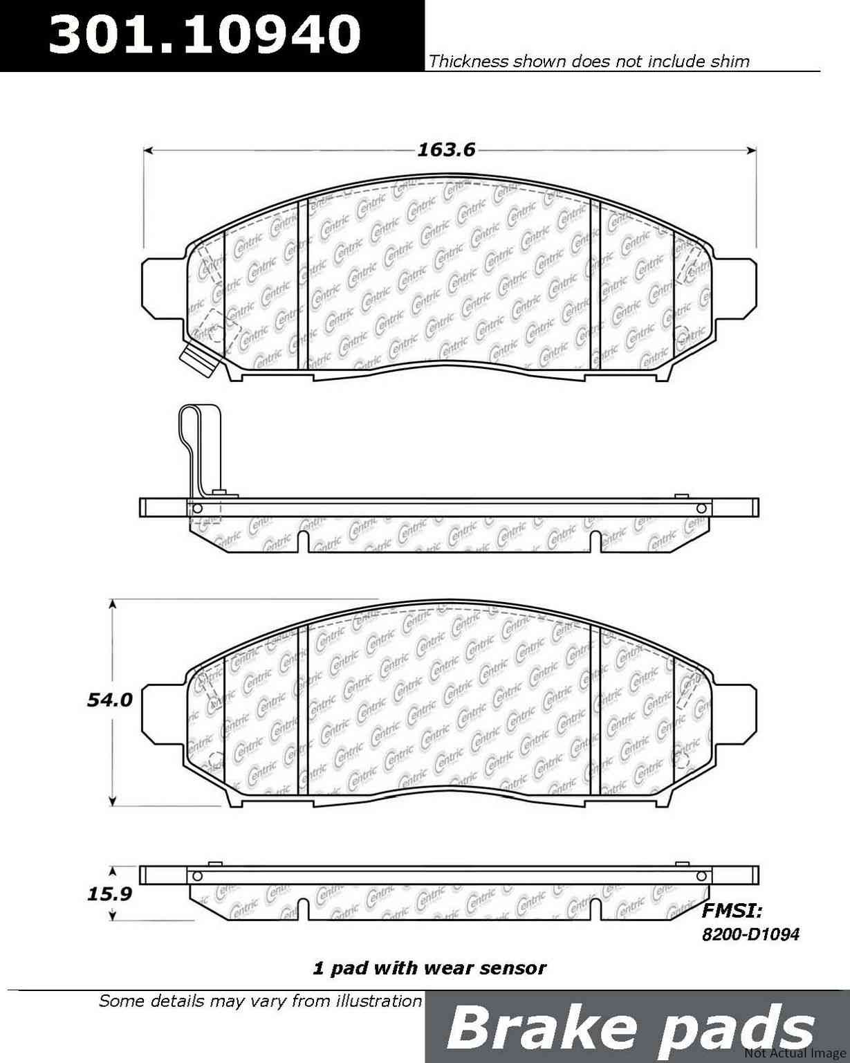 Front View of Front Disc Brake Pad Set CENTRIC 301.10940