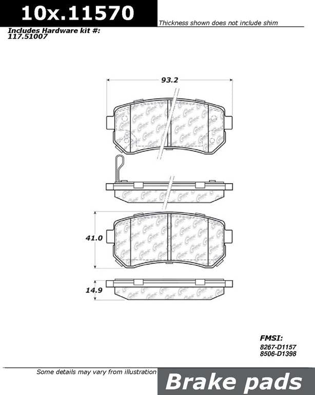 Front View of Rear Disc Brake Pad Set CENTRIC 301.11570