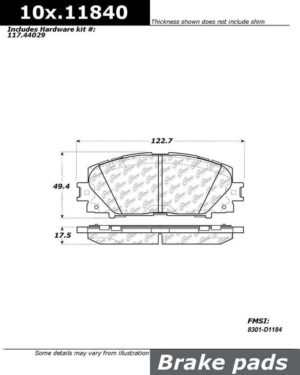 Front View of Front Disc Brake Pad Set CENTRIC 301.11840