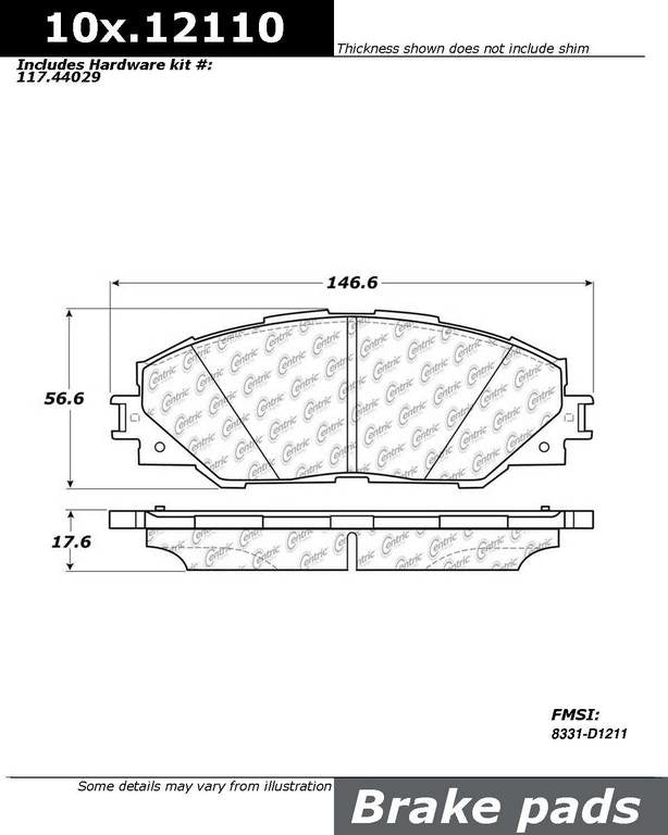 Front View of Front Disc Brake Pad Set CENTRIC 301.12110