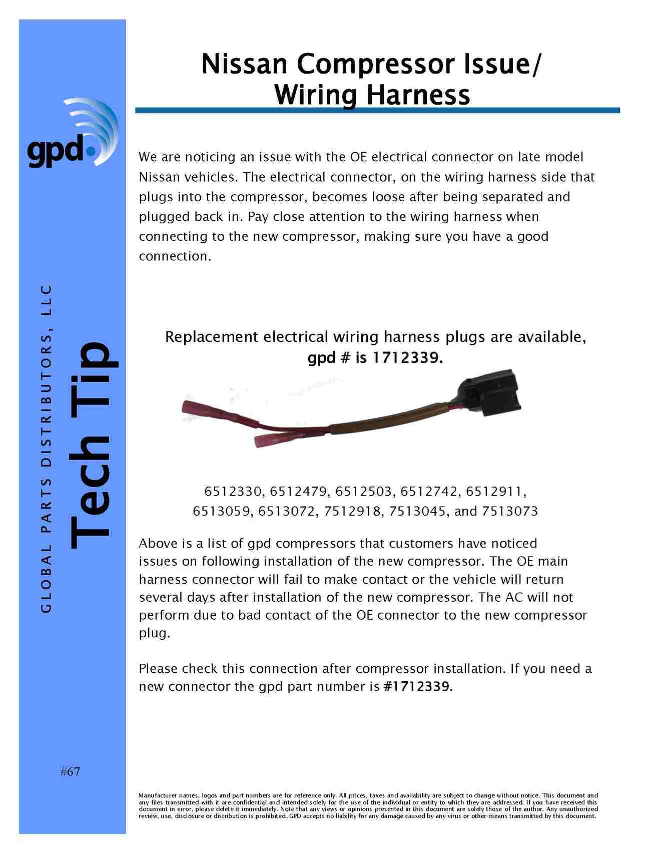 Front View of A/C Compressor Wiring Harness GPD 1712339