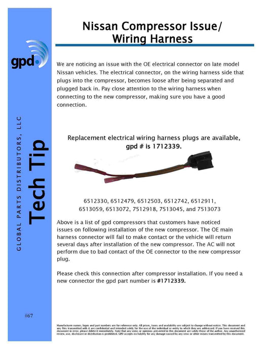 Front View of A/C Compressor Wiring Harness GPD 1712339