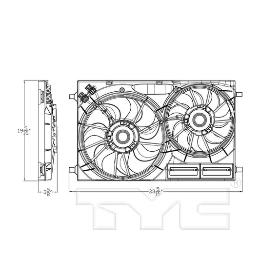 Angle View of Dual Radiator and Condenser Fan Assembly TYC 623540