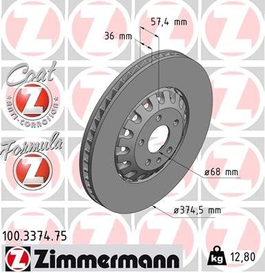 Front View of Front Disc Brake Rotor ZIMMERMANN 100.3374.75