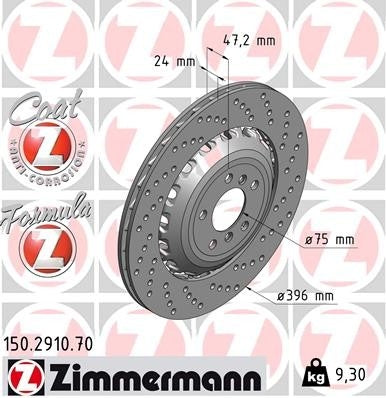 Front View of Rear Right Disc Brake Rotor ZIMMERMANN 150.2910.70