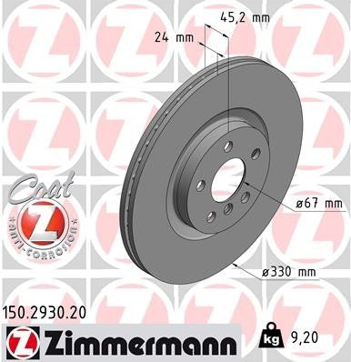 Front View of Front Disc Brake Rotor ZIMMERMANN 150.2930.20