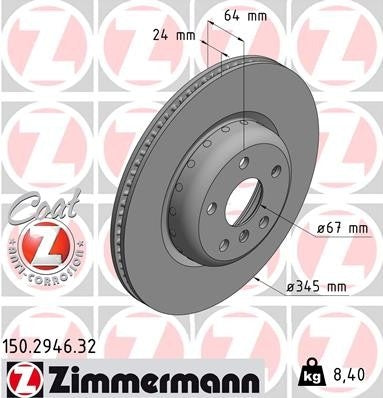 Front View of Rear Disc Brake Rotor ZIMMERMANN 150.2946.32