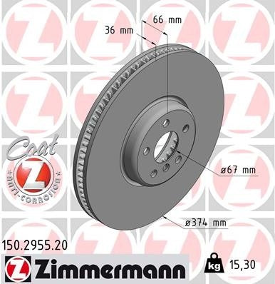 Front View of Front Right Disc Brake Rotor ZIMMERMANN 150.2955.20