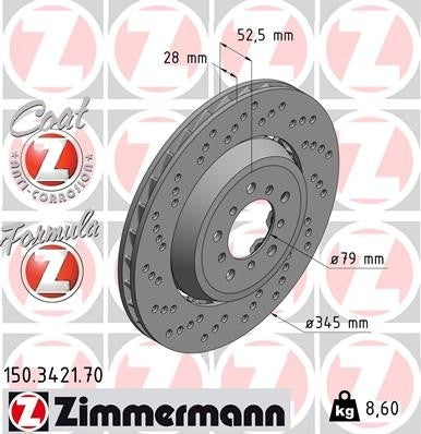 Front View of Front Left Disc Brake Rotor ZIMMERMANN 150.3421.70