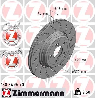 Front View of Rear Right Disc Brake Rotor ZIMMERMANN 150.3476.70