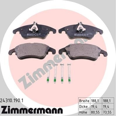 Angle View of Front Disc Brake Pad Set ZIMMERMANN 24310.190.1